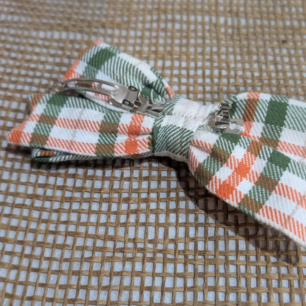 Fall Hair Bow, Orange Green Cream Plaid